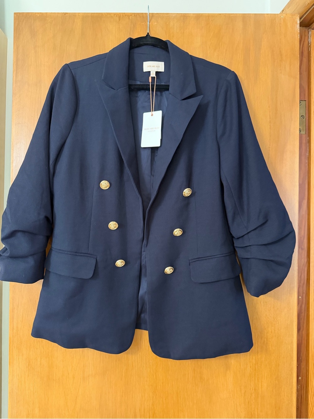 Skies Are Blue Navy Double-Breasted Blazer with Gold Buttons